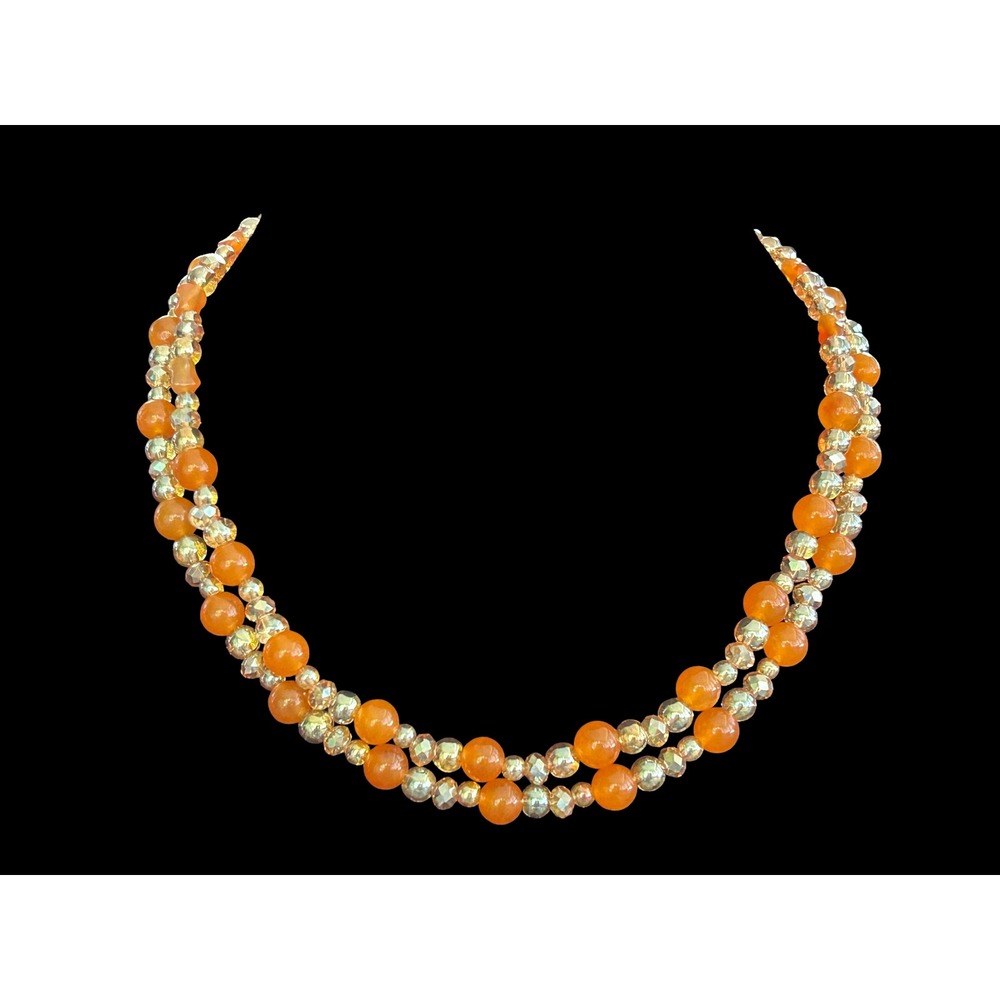 Vintage Orange Beaded Double Strand Necklace Carnelian Glass Amber Tones 17"